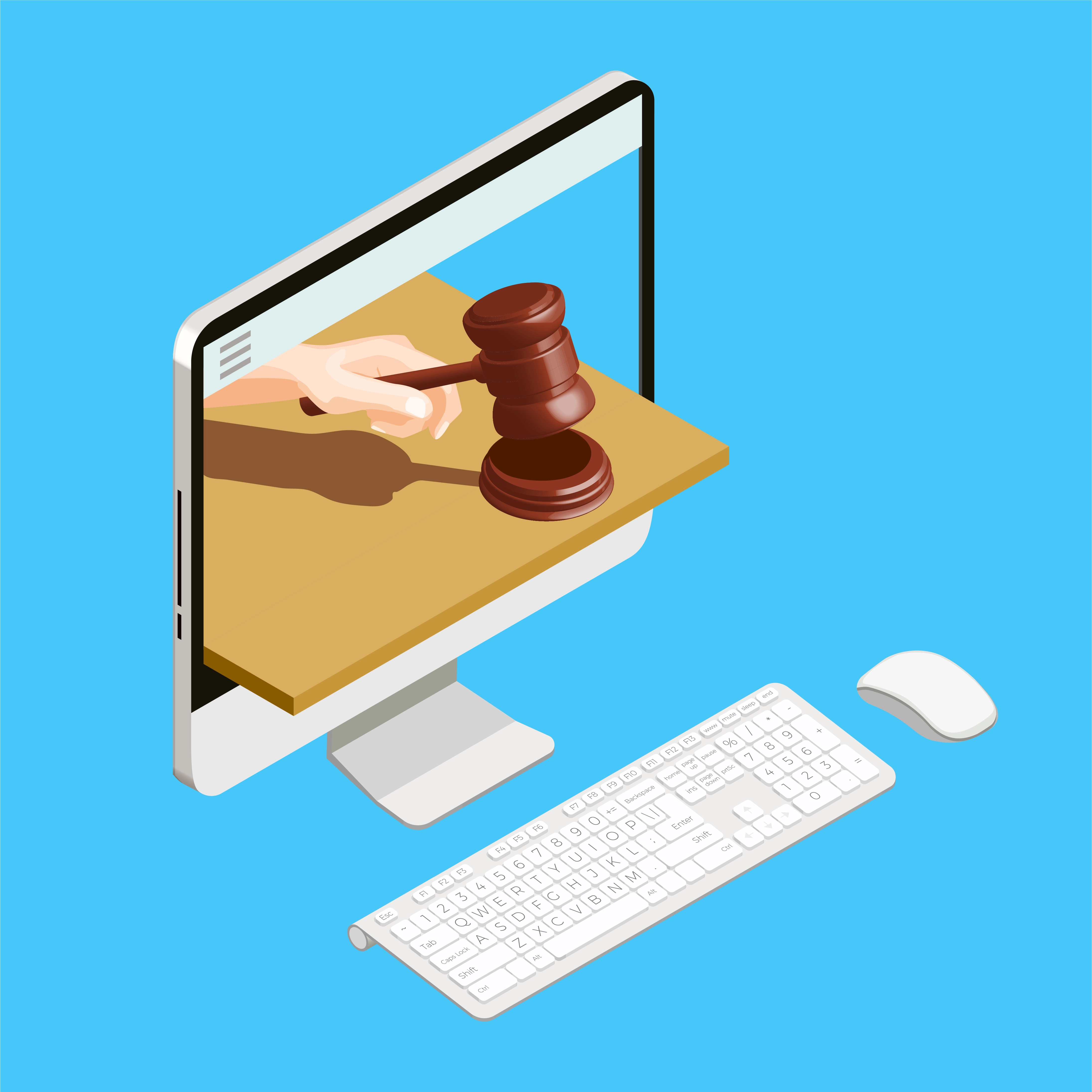 hand with auction hammer in the pc
